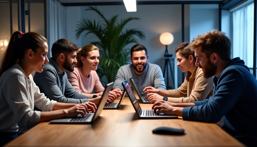 A diverse group of people collaborating around a table with laptops and gaming controllers, symbolizing the Elvopath team.