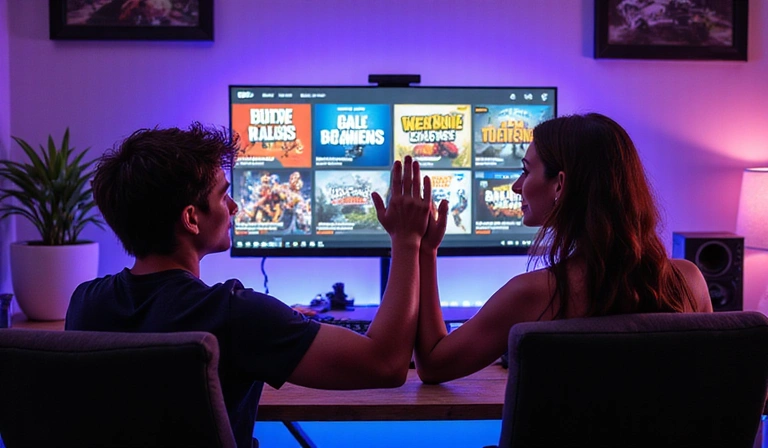 Two gamers high-fiving in front of a computer screen with game deals displayed.