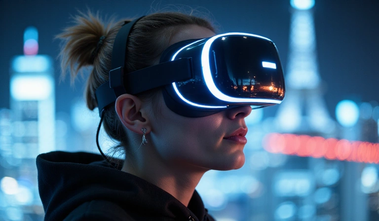 A person wearing a futuristic VR headset, surrounded by glowing digital lines and a virtual landscape, representing advanced gaming.