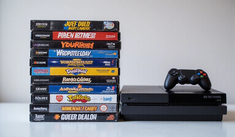 A stack of popular video game boxes and a console, representing a curated collection of must-play games.