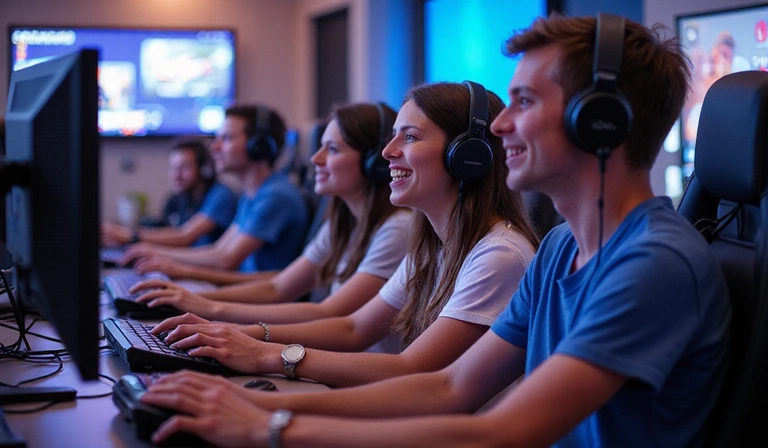 A group of friends playing a cooperative online game, laughing and communicating through headsets, showing the social aspect of gaming.