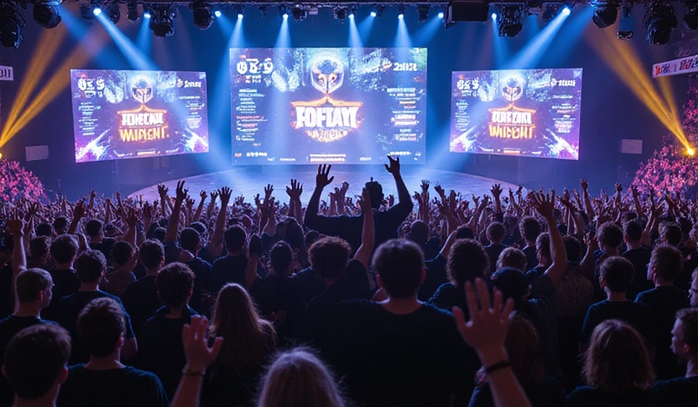 A competitive esports team celebrating a victory, with glowing screens and an excited crowd in the background.