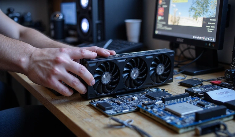 A person building a custom gaming PC, with components like a GPU, CPU, and motherboard visible, emphasizing DIY approach.