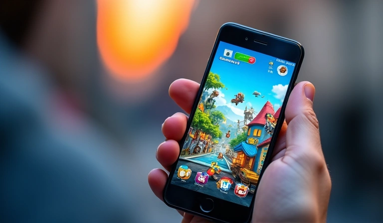 A person's hand holding a smartphone, showcasing a mobile game with colorful graphics, highlighting the convenience of gaming on the go.