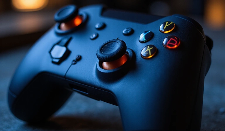 A close-up of a gaming controller with glowing buttons, highlighting ergonomic design and responsive controls.