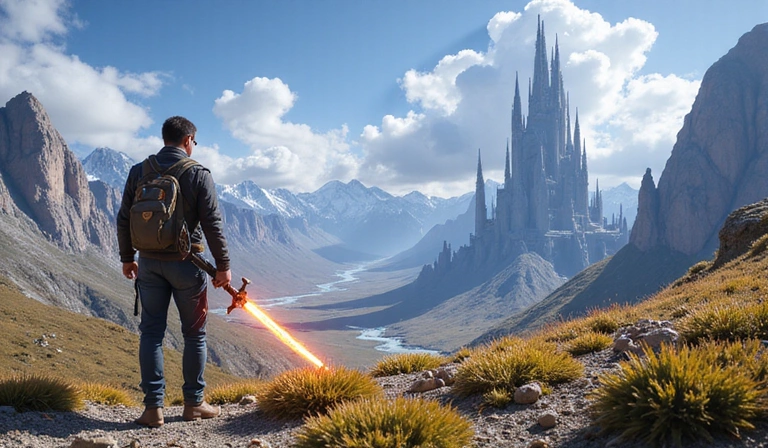 Gamer exploring a vast open-world game, with a futuristic city in the background and a character holding a glowing sword.