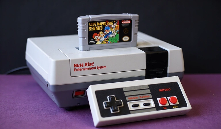 Original Nintendo Entertainment System (NES) console with a controller and a Super Mario Bros. cartridge inserted, against a retro background.