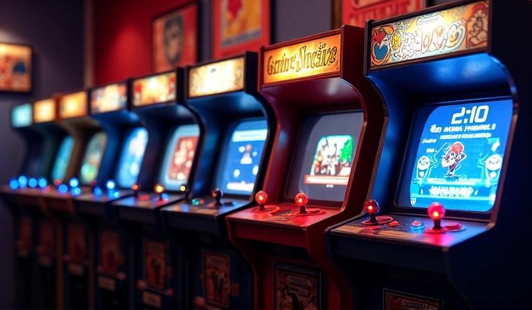 Retro arcade machines glowing in a dimly lit room, with classic game characters displayed on screens, evoking nostalgia.