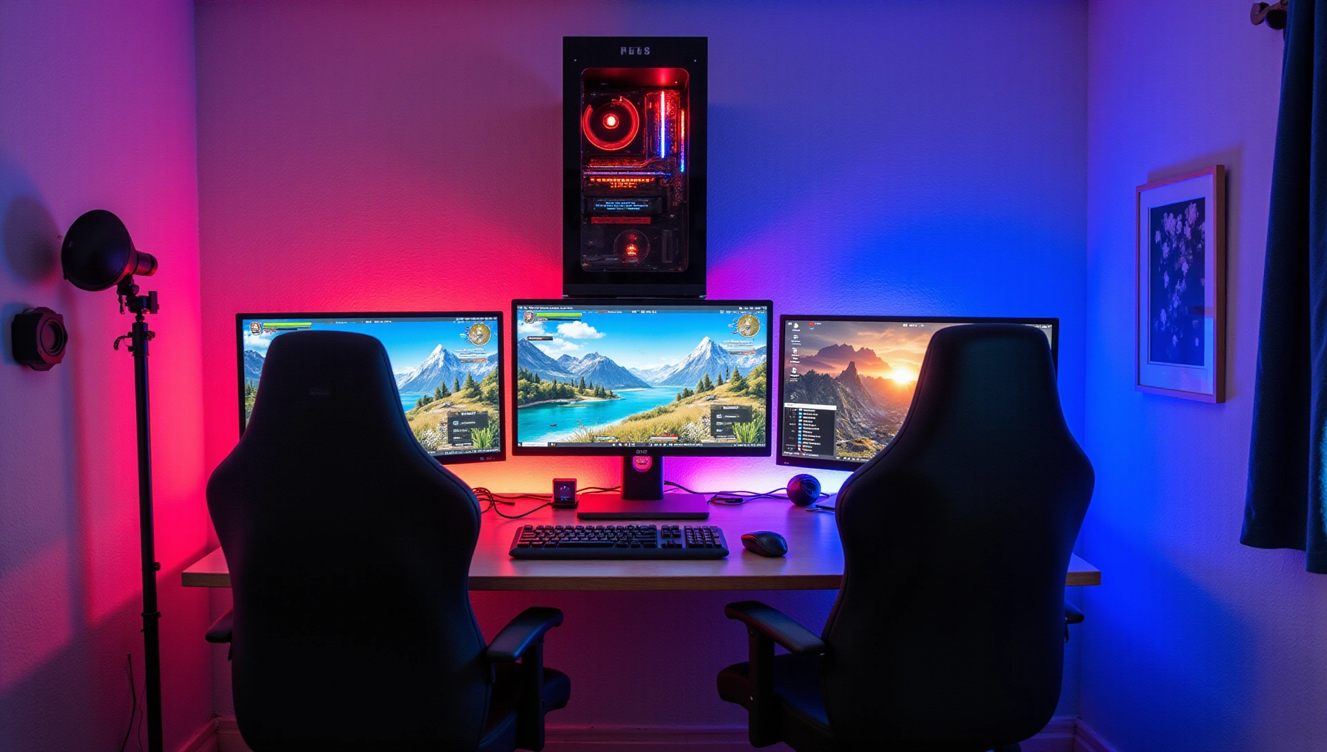 Gaming setup with a vibrant, futuristic aesthetic, showcasing a high-end PC, multiple monitors displaying game interfaces, and dynamic RGB lighting, creating an immersive and exciting atmosphere for a gamer.