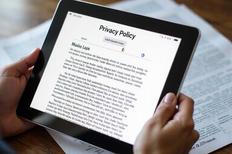 A person reviewing privacy policy documents on a tablet.